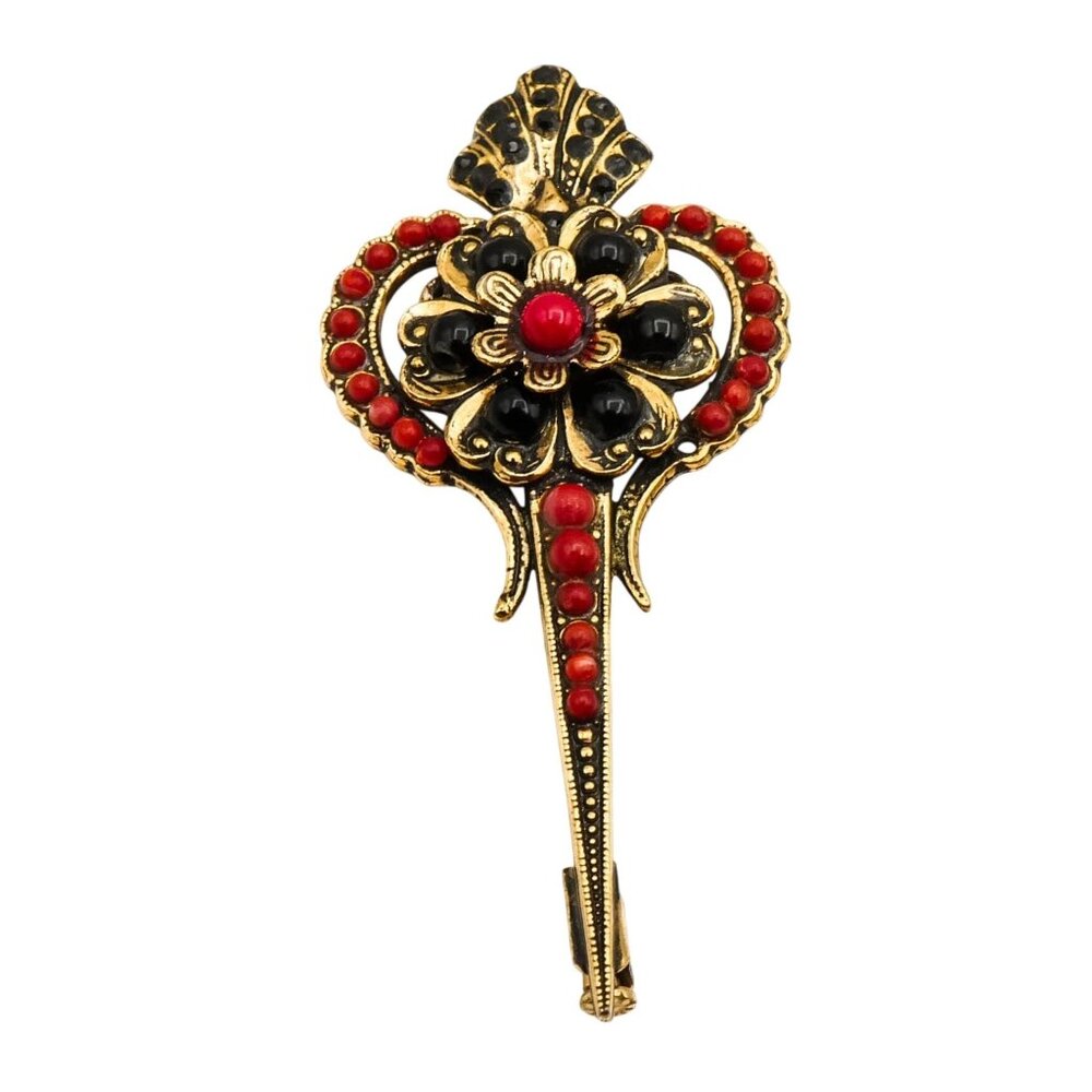 Vintage Signed di S.G. Italian Gold Plated Floral Brooch Red Black Beads
